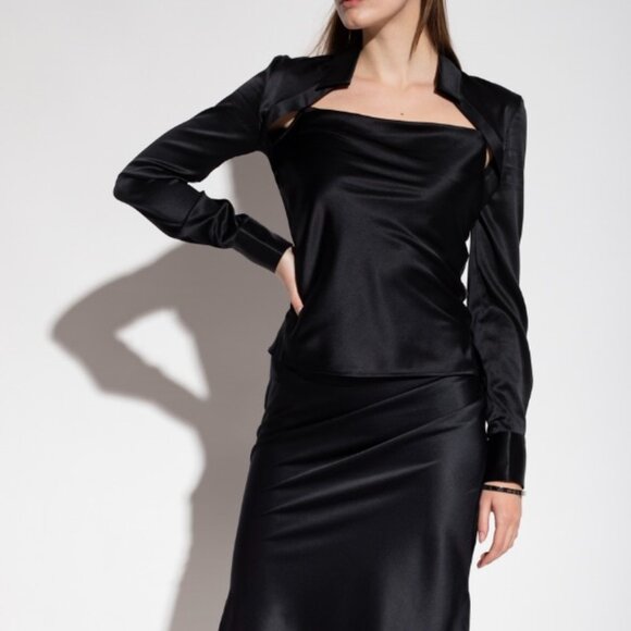 Helmut Lang Size XS Silk Satin Collared Long Sleeve Top In Black New With Tags - Picture 1 of 10